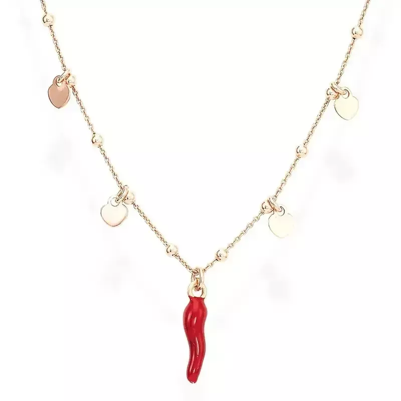 Amen Collana Cornetto Rosso e Cuori in Argento Rosé 925 Amen Collana Cornetto Rosso e Cuori in Argento Rosé 925