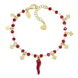 Amen Bracciale Dorato Cornetto Rosso con Cristalli e Cuori