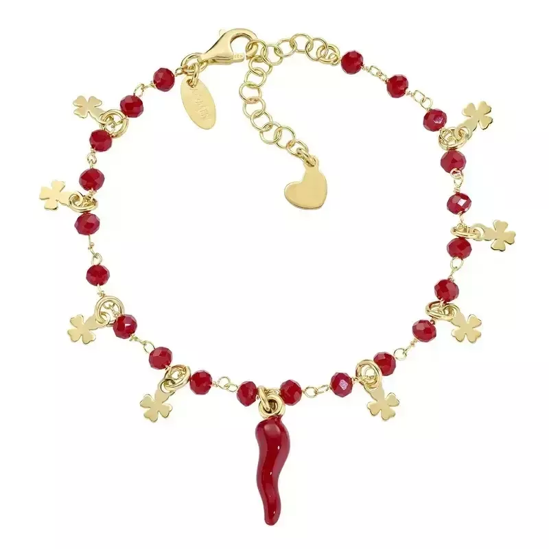 Amen Bracciale Dorato Cornetto Rosso con Cristalli e Cuori Amen Bracciale Dorato Cornetto Rosso con Cristalli e Cuori